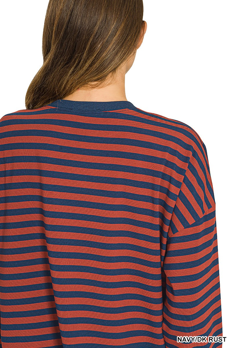 Women's navy and dark rust striped long sleeve crew neck tee with relaxed fit and drop shoulders back view – Mirror On Main