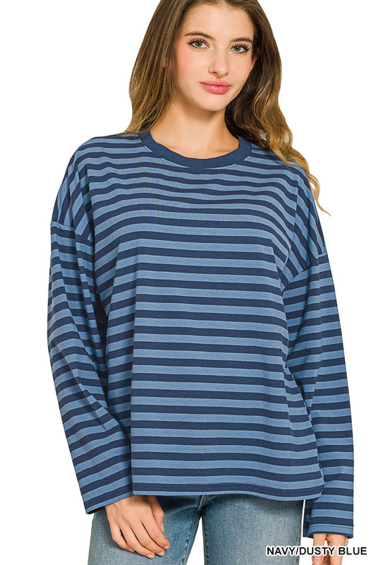 Women's navy and dusty blue striped long sleeve crew neck tee with drop shoulders and relaxed fit – Mirror On Main