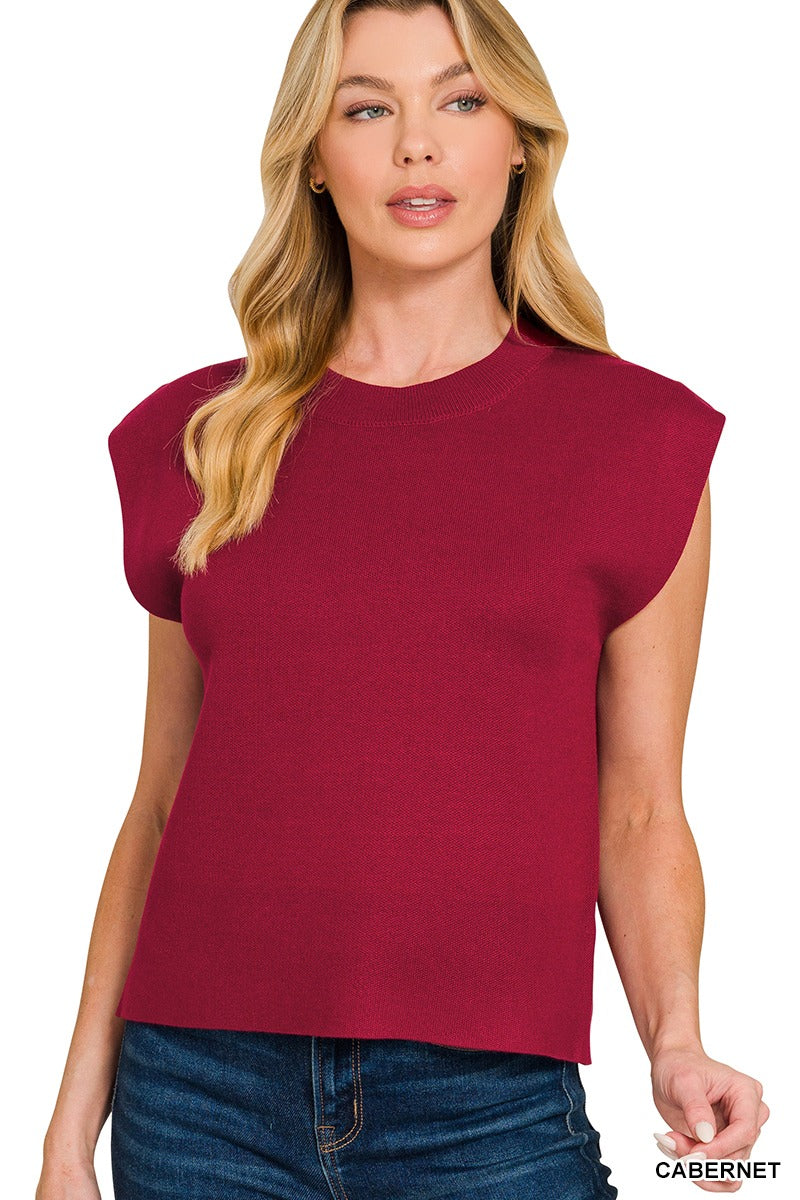 Woman wearing a cabernet viscose sweater vest with crew neckline – Mirror On Main