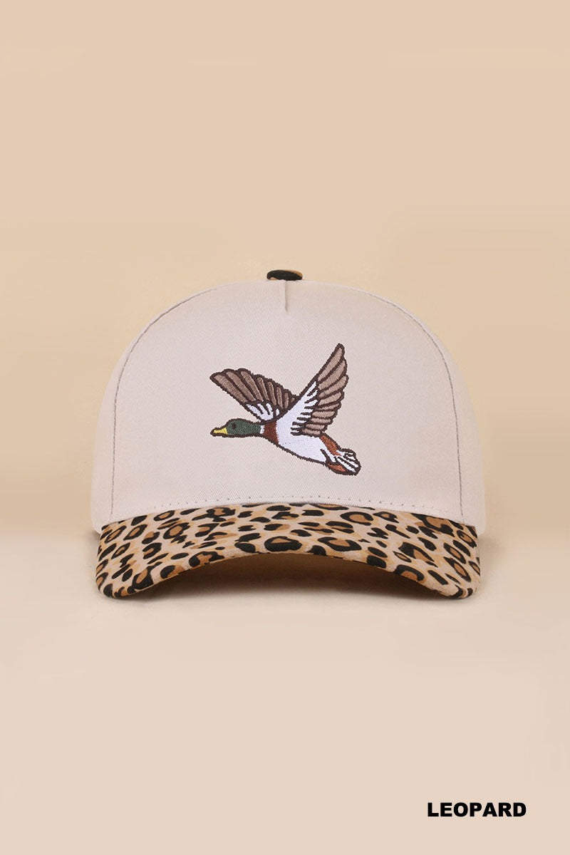 Leopard mallard embroidered two tone cotton baseball hat with neutral crown, flying duck embroidery and leopard print brim, front view – Mirror On Main