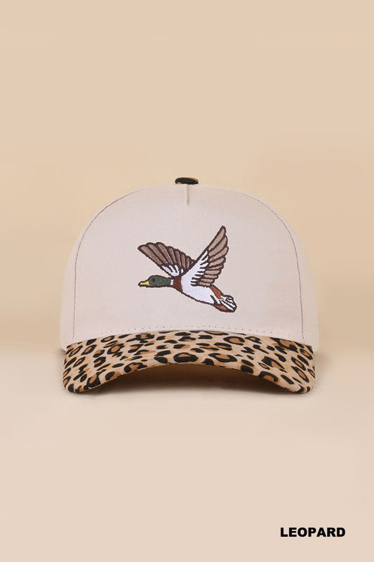 Leopard mallard embroidered two tone cotton baseball hat with neutral crown, flying duck embroidery and leopard print brim, front view – Mirror On Main