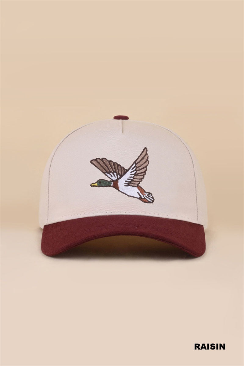 Raisin mallard embroidered two tone cotton baseball hat with neutral crown, flying duck embroidery and raisin-colored brim, front view – Mirror On Main