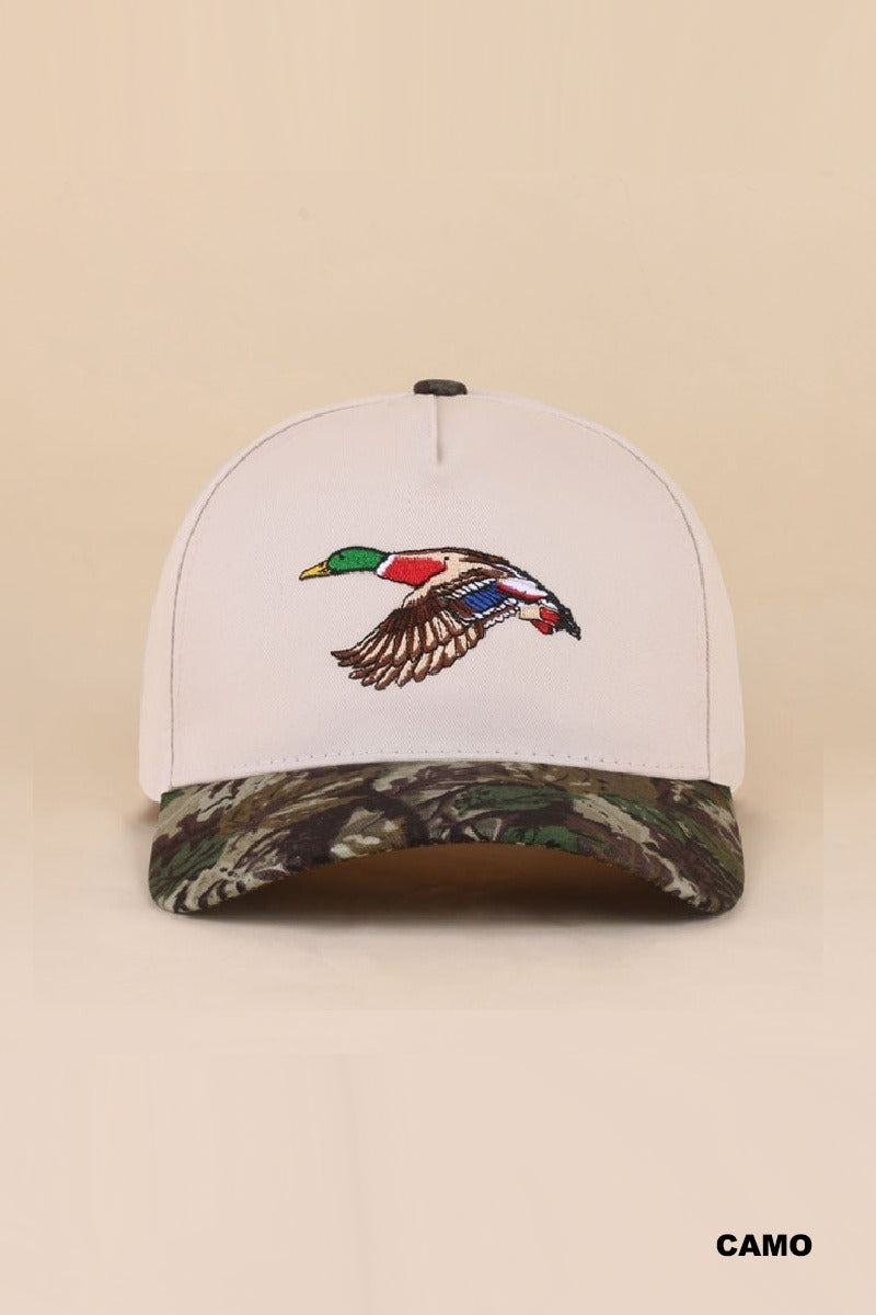 Camo mallard embroidered two tone cotton baseball hat with neutral crown, flying duck design and camouflage brim, front view – Mirror On Main
