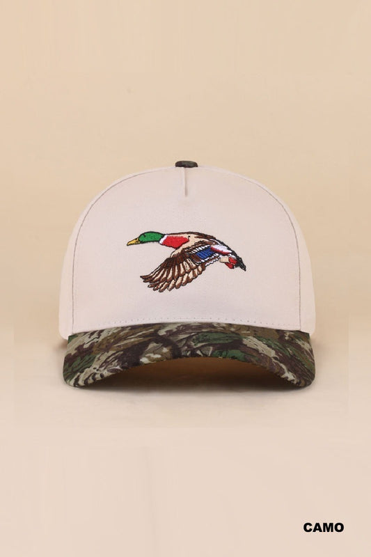 Camo mallard embroidered two tone cotton baseball hat with neutral crown, flying duck design and camouflage brim, front view – Mirror On Main