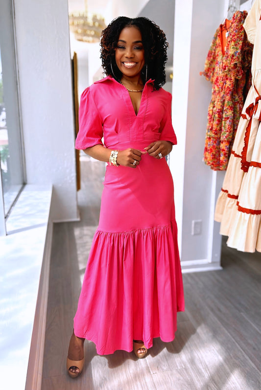 Emily Short Sleeve V-Neck Maxi Dress - Coral